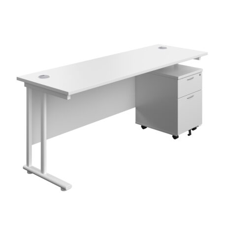 Twin Upright Rectangular Desk with white top and frame, featuring a mobile 2-drawer pedestal in white. Dimensions: 1800 x 600 mm.