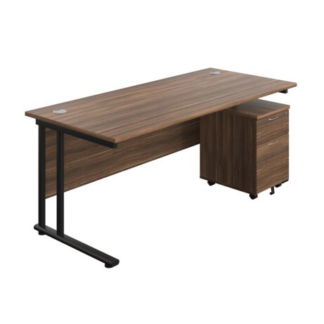 Twin Upright Rectangular Desk with Dark Walnut top and Black frame, paired with a Mobile 2 Drawer Pedestal.