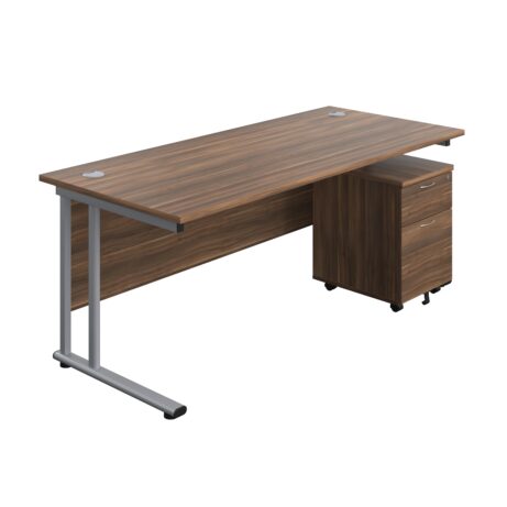 Twin upright rectangular desk in dark walnut with silver frame and mobile 2-drawer pedestal. Dimensions: 1800 x 800 mm.