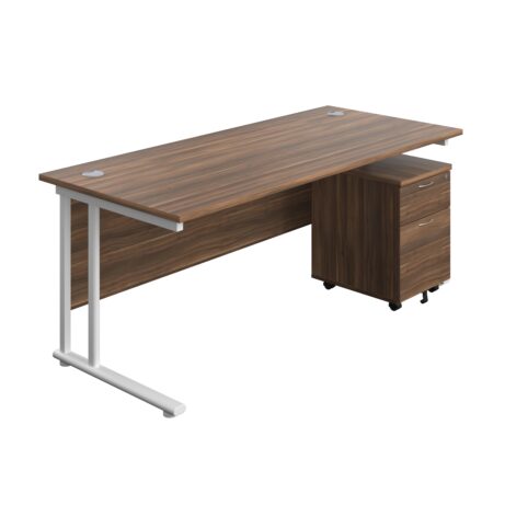Twin Upright Rectangular Desk in Dark Walnut with White frame and Mobile 2 Drawer Pedestal, dimensions 1800 X 800.