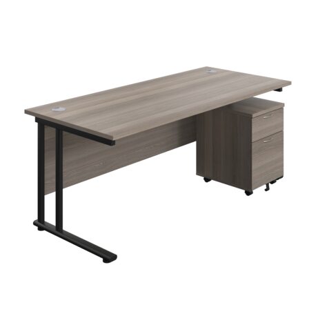 Twin upright rectangular desk with grey oak top and black frame, paired with mobile 2-drawer pedestal.