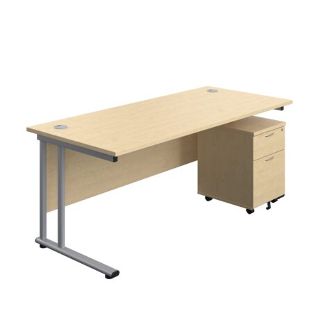 Twin Upright Rectangular Desk with Mobile 2 Drawer Pedestal, Maple top, Silver frame, dimensions 1800 x 800 mm.