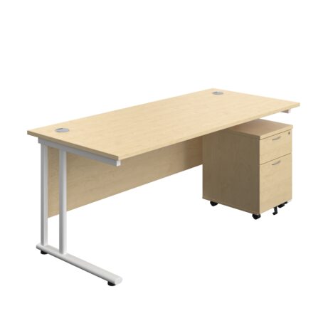 Twin Upright Rectangular Desk with Maple top, White frame, and Mobile 2 Drawer Pedestal, dimensions 1800 x 800 mm.