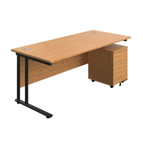 Twin Upright Rectangular Desk in Nova Oak with Black frame and Mobile 2 Drawer Pedestal. Dimensions: 1800 x 800 mm.