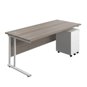 Twin Upright Rectangular Desk + Under Desk Steel Pedestal 3 Drawers (FSC)