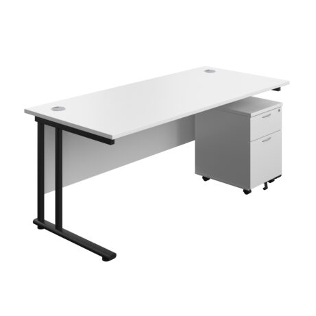 Twin upright rectangular desk with white top and black frame, paired with a mobile two-drawer pedestal.