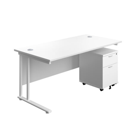 Twin Upright Rectangular Desk with white top and frame, paired with a mobile 2-drawer pedestal, dimensions 1800x800mm.