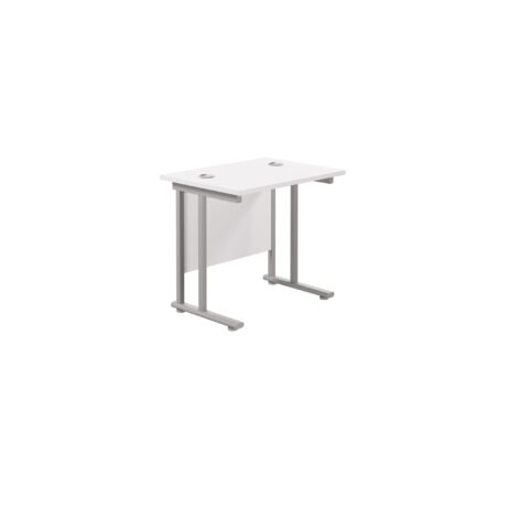 Twin Upright Rectangular Desk, 800x600mm, white top and silver frame, FSC certified, 600mm deep.