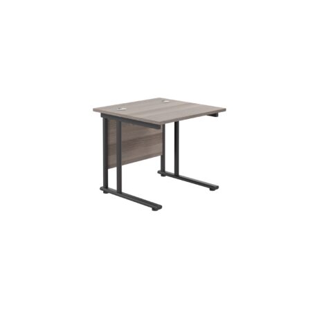 Twin Upright Rectangular Desk, 800mm deep, grey oak top, black frame, dimensions 800 x 800. FSC certified.