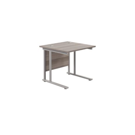 Twin Upright Rectangular Desk, 800mm deep, Grey Oak top, Silver frame, dimensions 800x800mm. FSC certified.