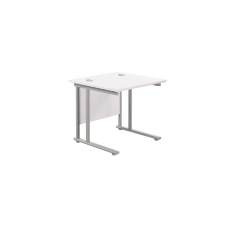 Twin Upright Rectangular Desk, 800mm deep, white top, silver frame, dimensions 800 x 800mm, FSC certified.