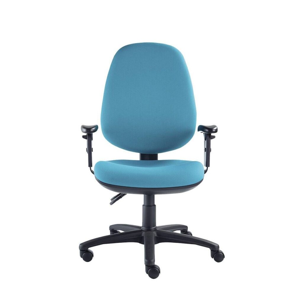 TOUCH Task Chair in blue fabric, featuring height-adjustable arms, ergonomic back support, and a sturdy five-star base.