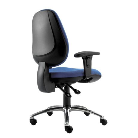 Touch Task Chair in black and blue fabric, featuring a high back, fixed armrests, and a chrome five-star base on casters.