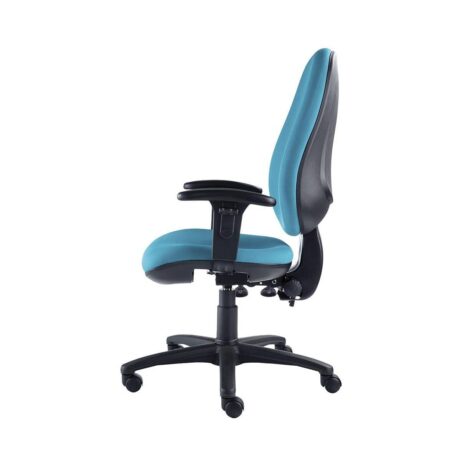 TOUCH Task Chair in turquoise fabric with ergonomic design, height-adjustable arms, and black base on rolling wheels.