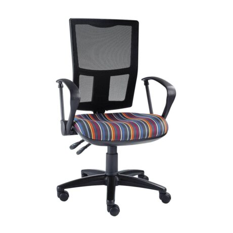 Touch Mesh Task Chair with a breathable mesh back, adjustable height, and a multi-colored striped seat pad.
