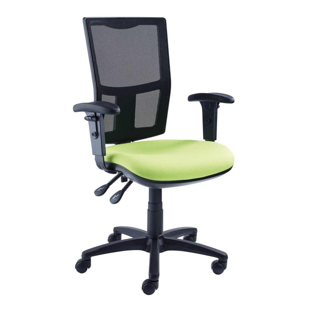 Touch Mesh Task Chair with a breathable black mesh back, lime green contoured seat pad, and adjustable armrests.