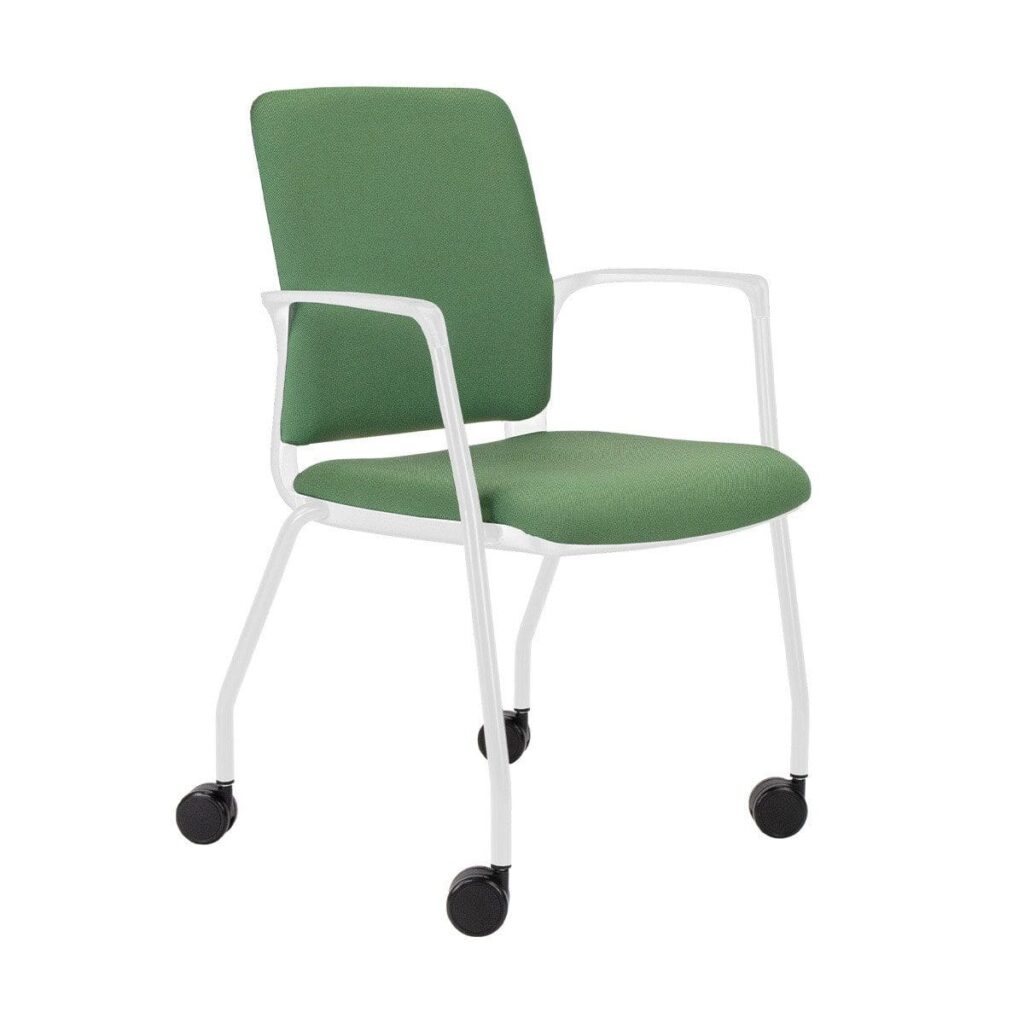 Infinity Meeting Chair with white 4-legged frame on castors, featuring a green seat and integrated support arms.