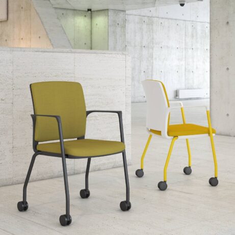 Infinity Meeting Chair in white with a 4-legged frame on castors, alongside a green and black variant. Ideal for flexible spaces.