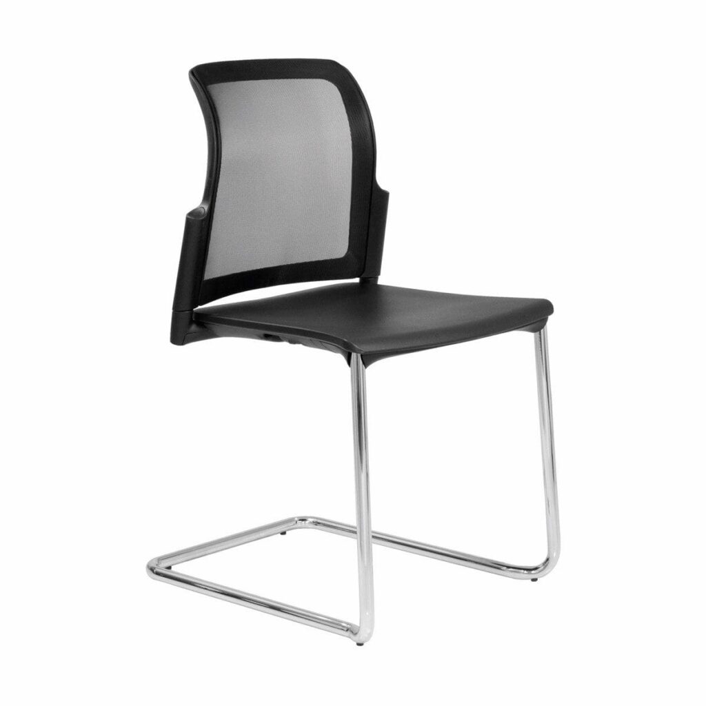 Leola Meeting Mesh Back Chair with cantilever frame, featuring a sleek black seat and backrest. Stacks four high.