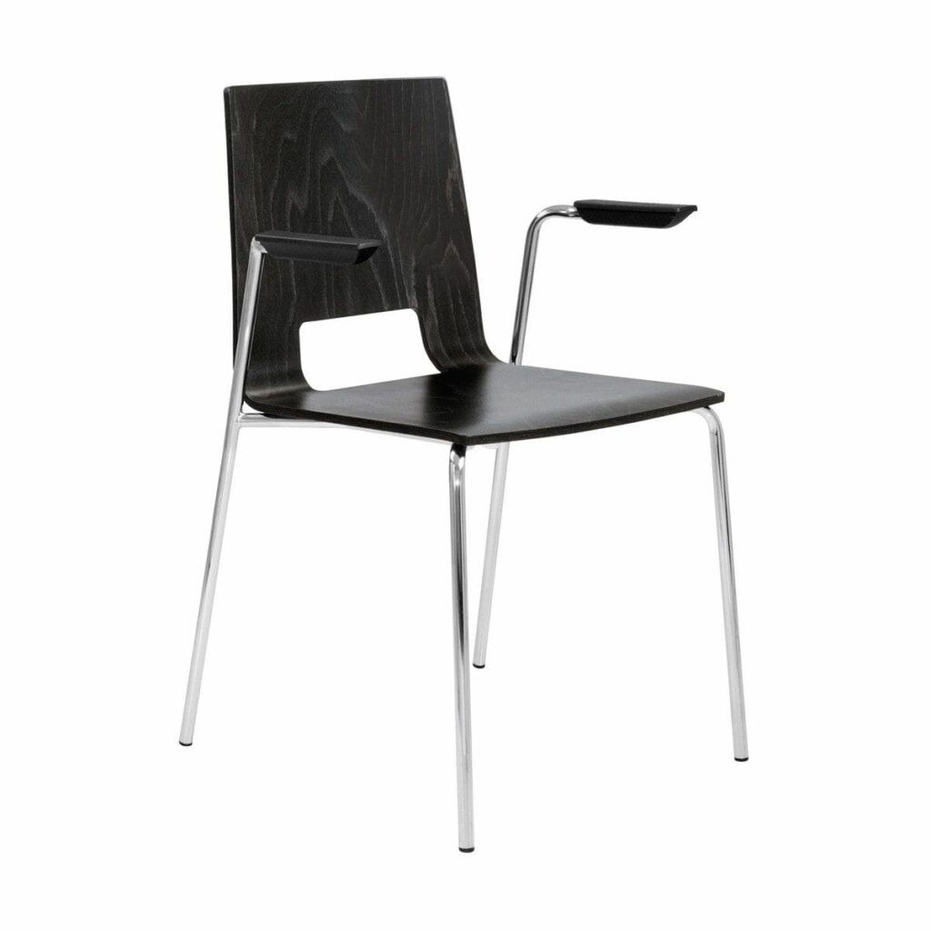 Multiply 4-legged wooden shell armchair with open back, black finish, chrome frame, support arms for added comfort.