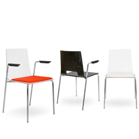 Multiply 4 Legged Wooden Shell Armchair with Open Back, featuring red, black, and white finishes and support arms.