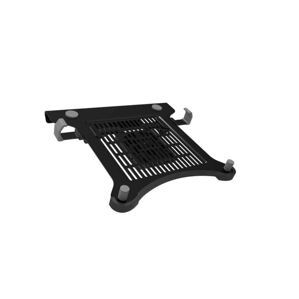 Black Laptop Cradle designed for desk accessories, securely holds laptops or tablets, promotes airflow, and attaches to monitor arms.