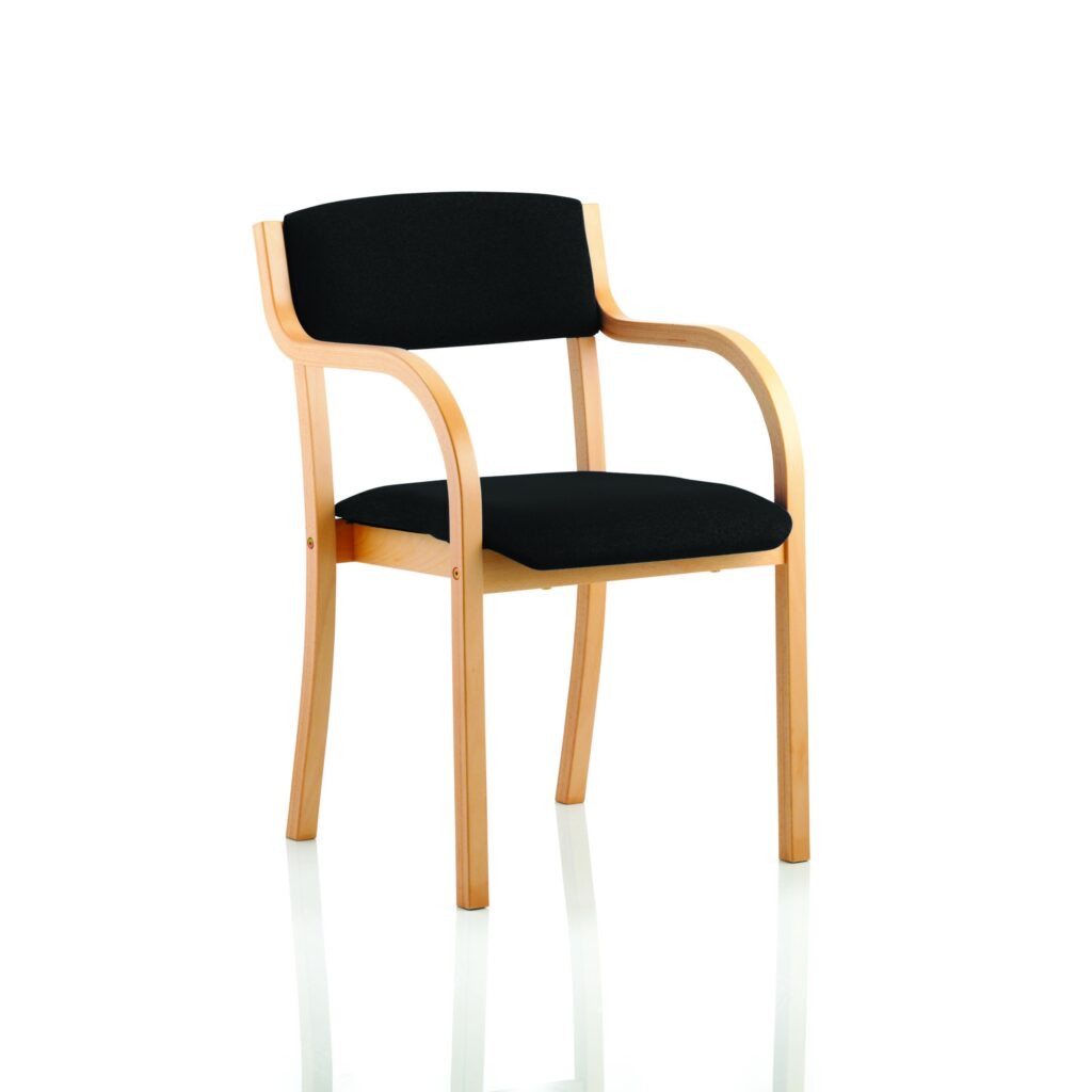 Madrid Wooden Frame Visitor Chair with Arms, upholstered black seat and back, compact design, ideal for reception areas.