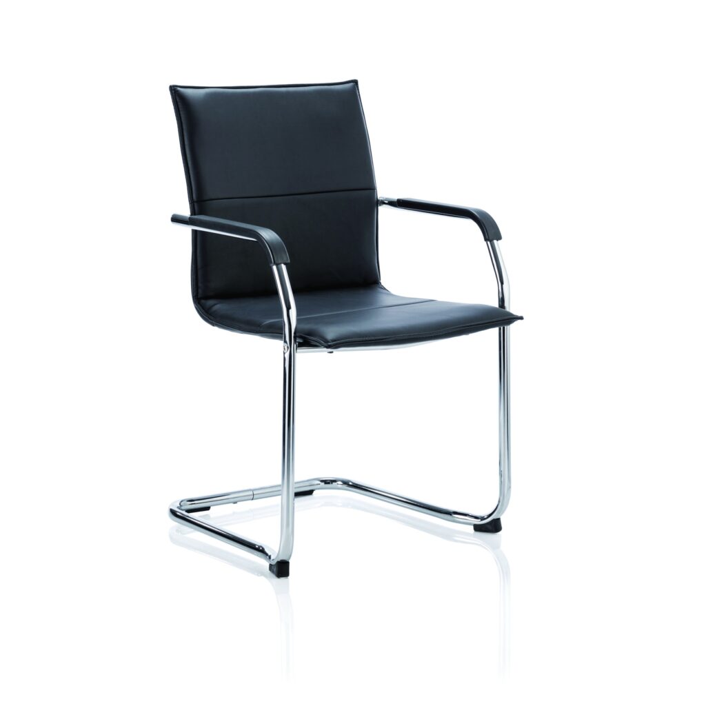 Echo Medium Back Leather Cantilever Visitor Chair with Arms, black leather upholstery and chrome cantilever frame.