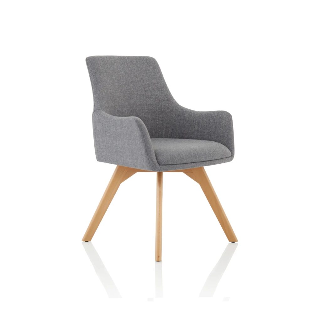 Carmen grey fabric visitor chair with wooden legs, designed for meetings and reception areas. Stylish and comfortable seating.