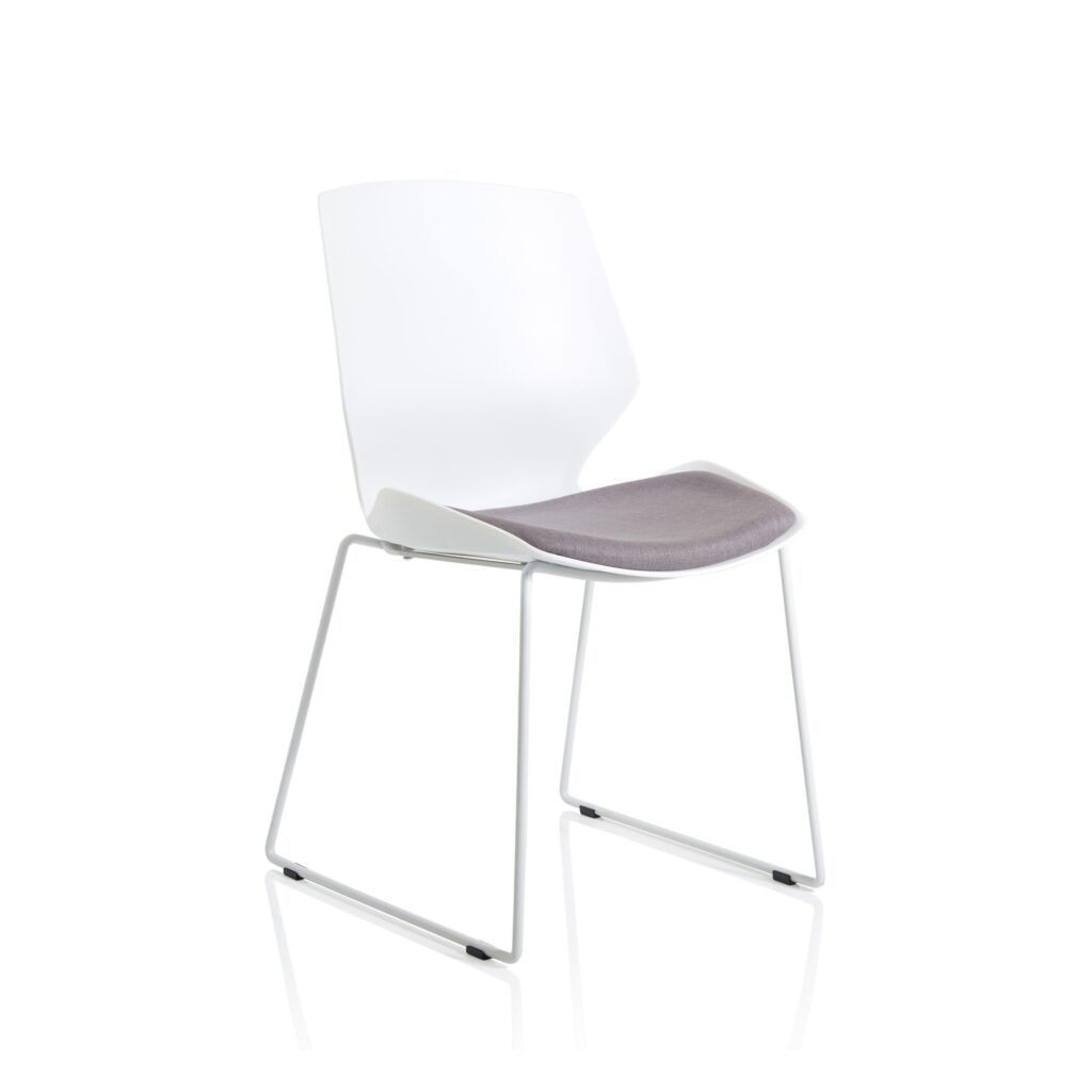 Florence Sled Visitor Chair with white frame and grey fabric seat, designed for compact, modern guest seating.