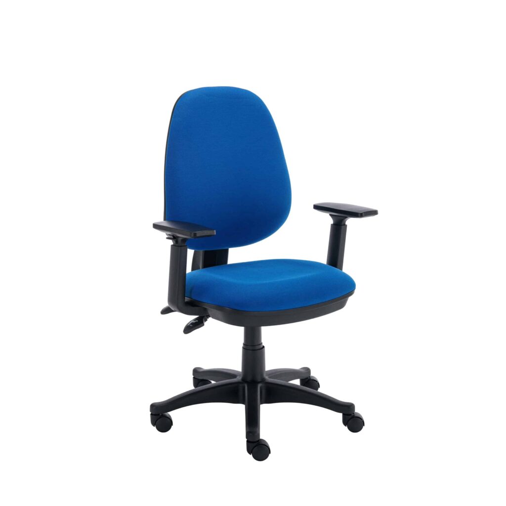 Versi 2 Lever Operator Chair, blue fabric, height-adjustable arms, five-star base with castors, ergonomic design.