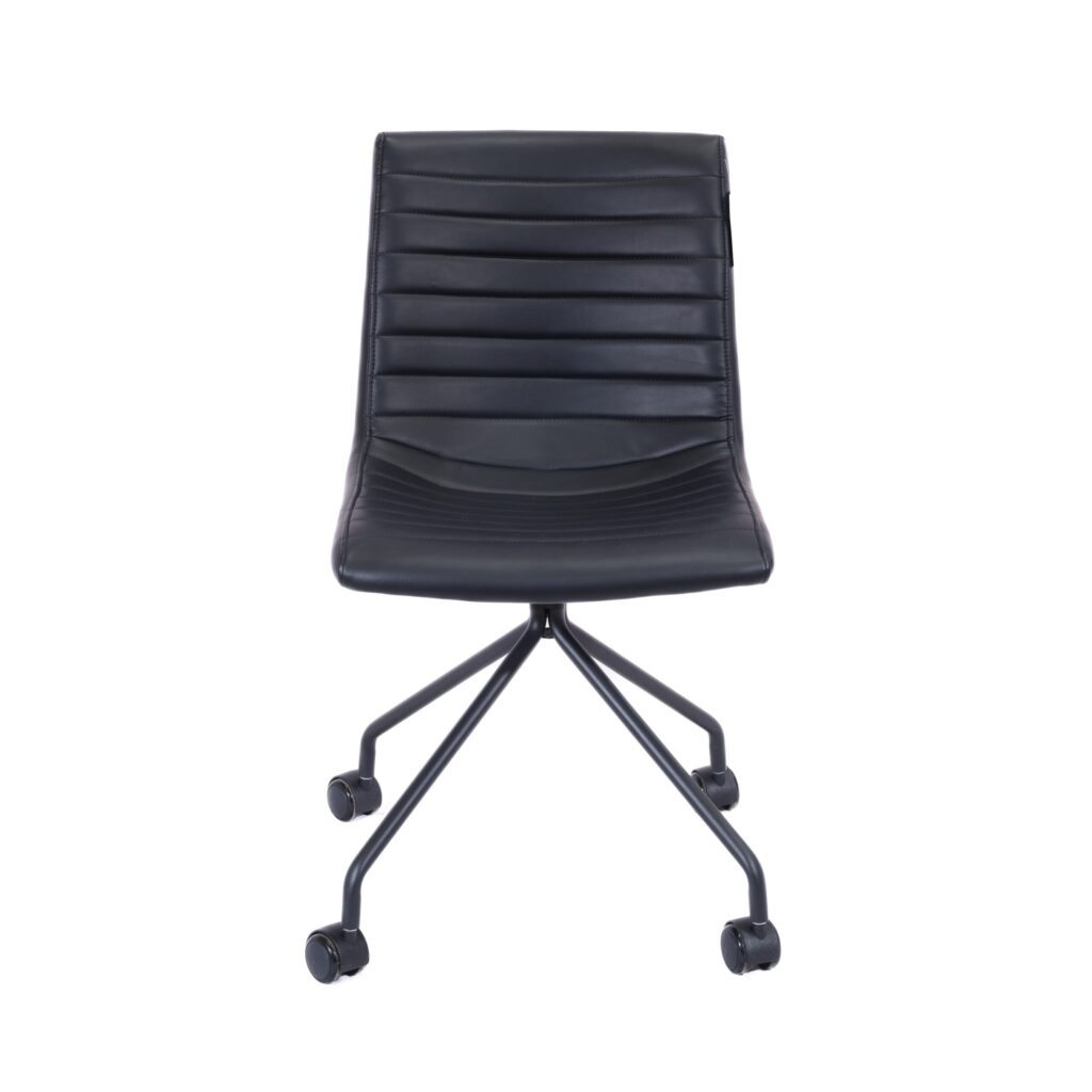 Veer Chair with 4 Star Base in black PVC, featuring a slim silhouette and smooth-rolling castors for versatile seating.