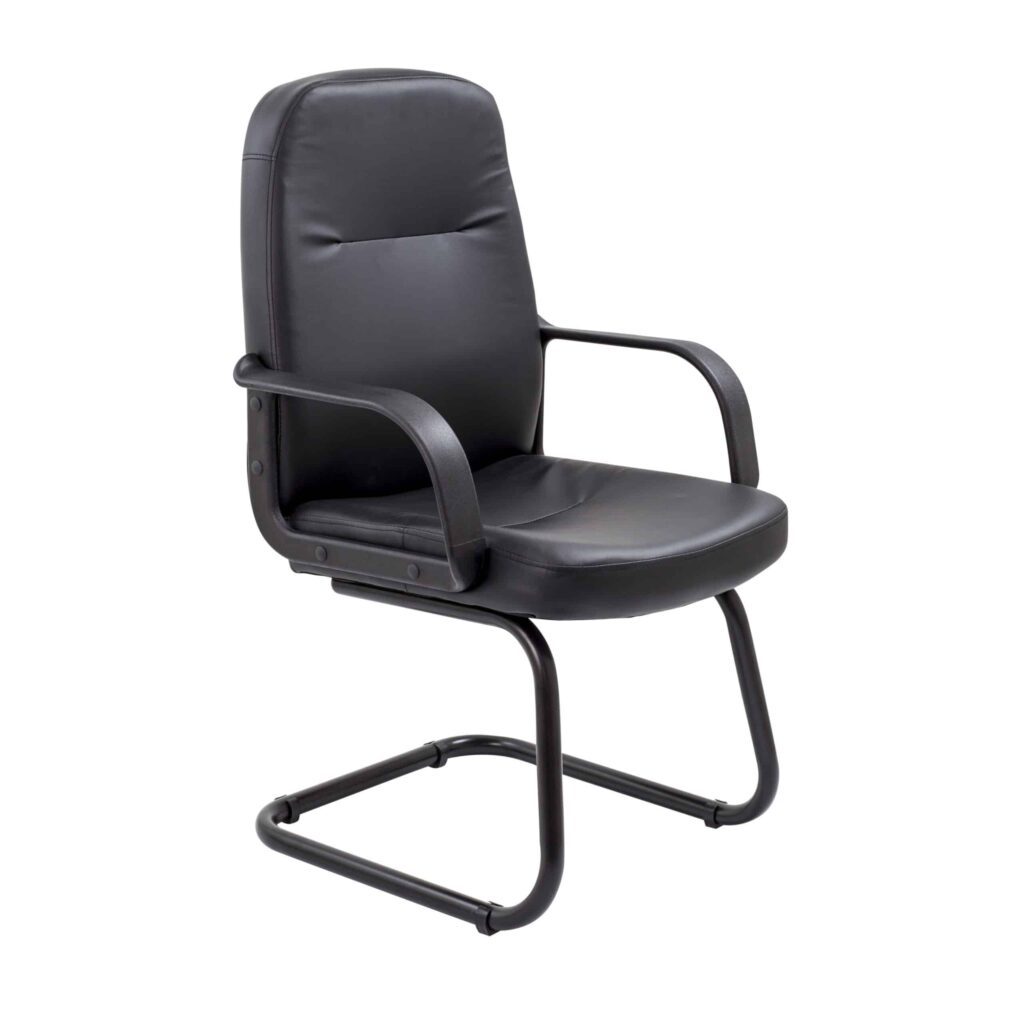 Canasta Visitor Chair in black faux leather with fixed arms and black powder-coated steel cantilever base.