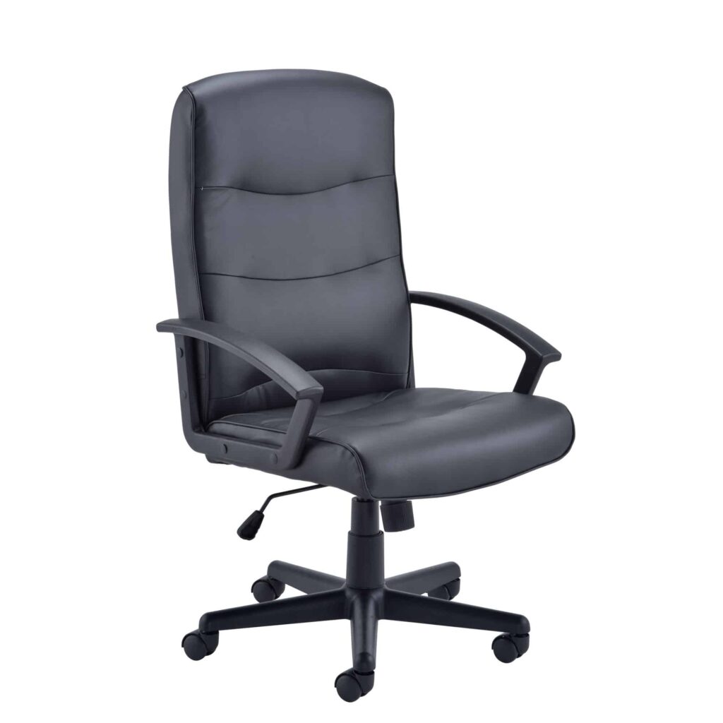Canasta 2 Office Chair in leather-look finish, high-back design with padded seat, fixed arms, swivel base, and twin-wheel castors.