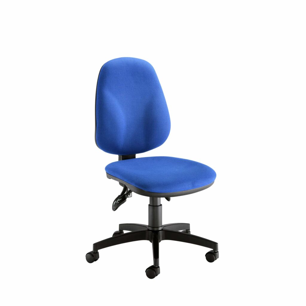 Concept Deluxe Chair in blue fabric, ergonomic high-back design, height-adjustable with tilt tension control for comfort.