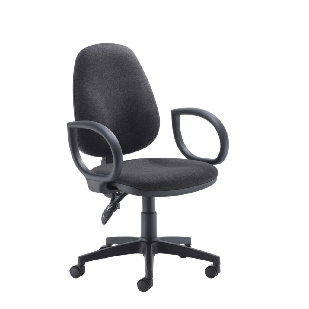 High-back Concept Operator Chair in dark upholstery, featuring fixed arms and asynchro backrest mechanism for support.