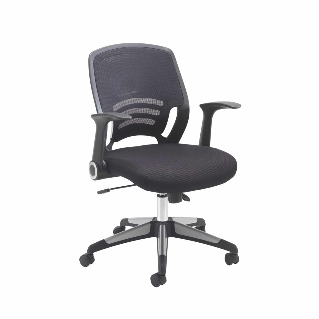Carbon Office Chair with breathable mesh back, low-profile folding arms, height-adjustable base, and casters for mobility.