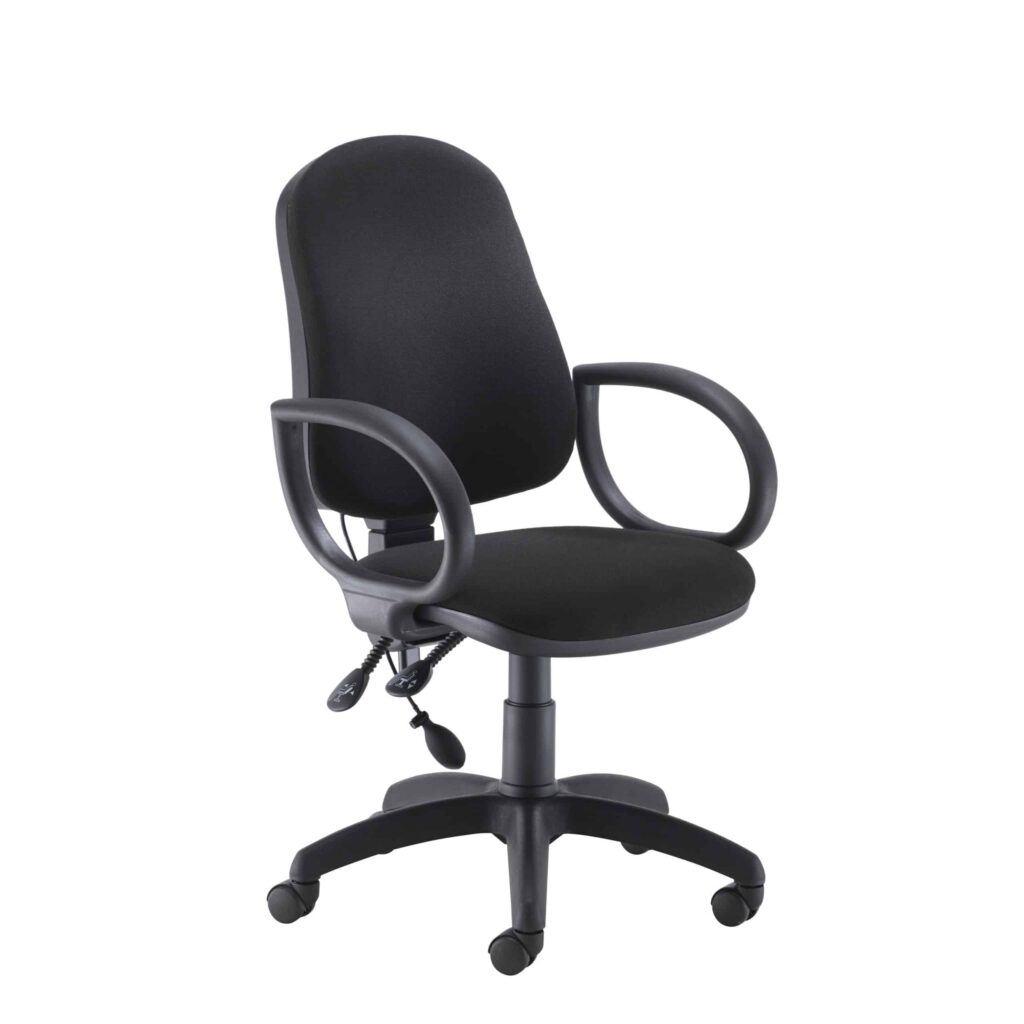 Calypso Ergo 2 Lever Office Chair in black, featuring lumbar pump, curved back, adjustable height, and 5-star base.