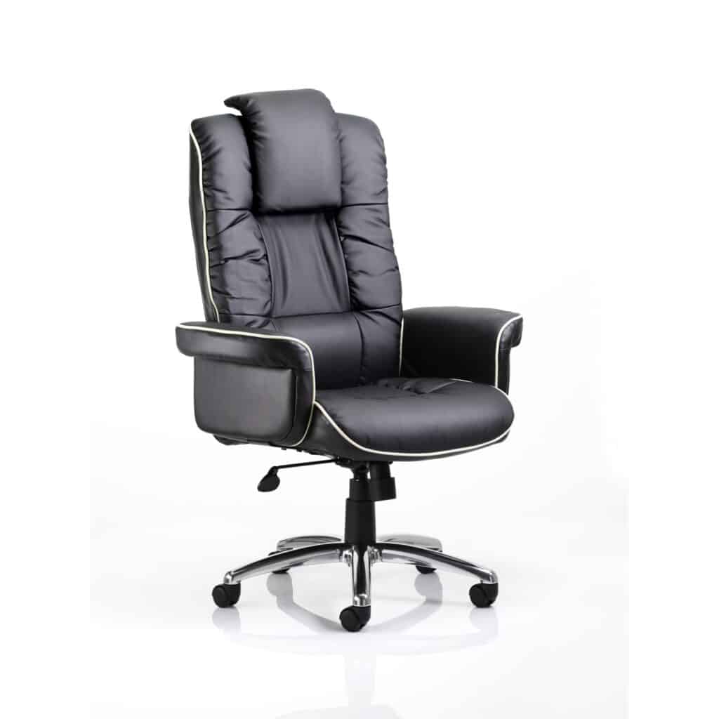 Chelsea High Back Soft Black Leather Executive Office Chair with chrome base and cushioned arms, designed for comfort and style.