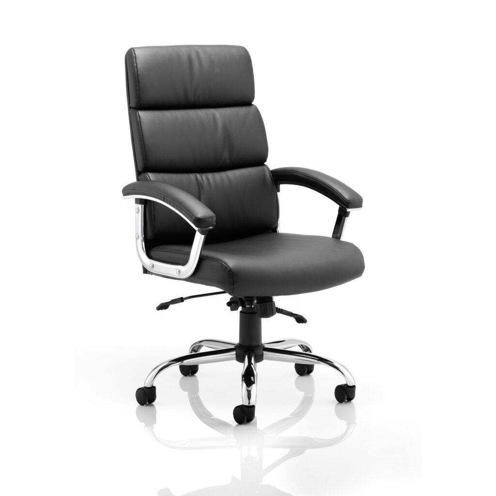 Desire High Back Leather Executive Office Chair with padded arms, chrome base, and sleek black leather upholstery.