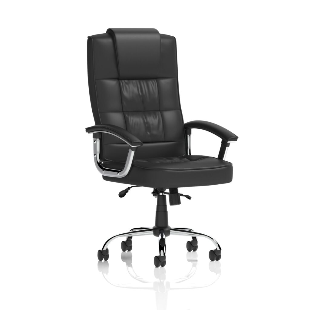 Moore Deluxe High Back Black Executive Office Chair with padded arms and chrome base, designed for comfort and support.