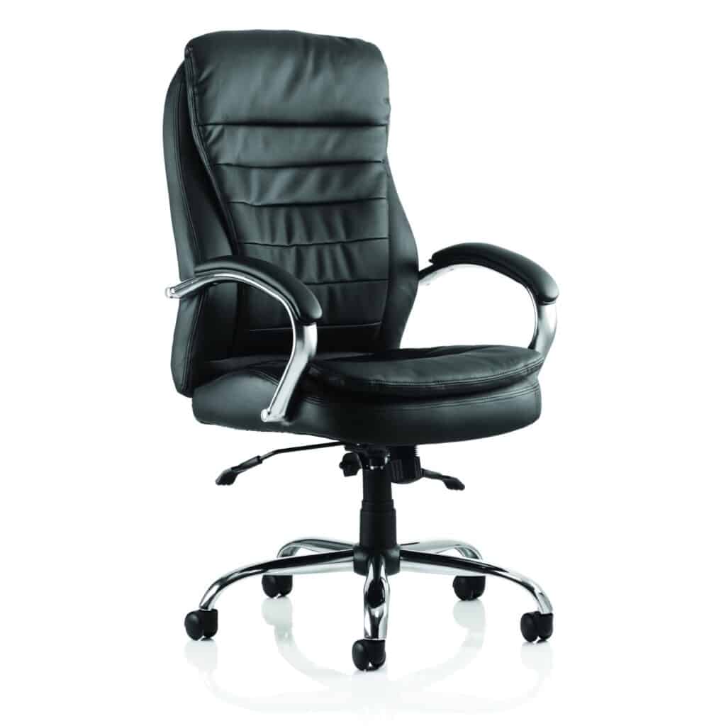 Rocky High Back Executive Chair in black leather with padded seat and chrome arms, designed for comfort and support.