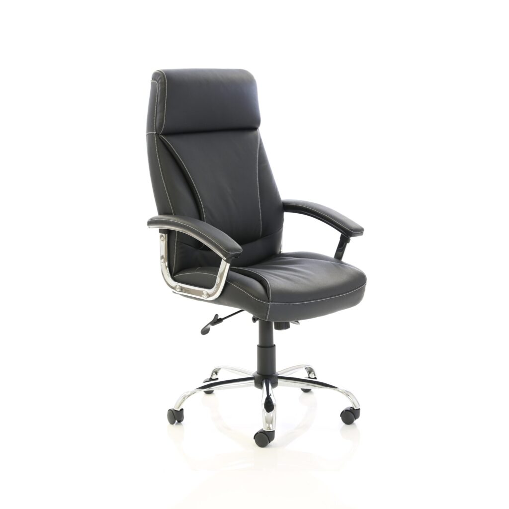 Penza High Back Executive Leather Office Chair with Arms, black cushioned seat, chrome five-star base, smooth-rolling casters.