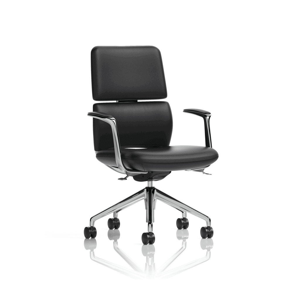 Mode Executive Chair in black leather with adjustable arms, chrome base, and casters; ergonomic design for comfort and support.