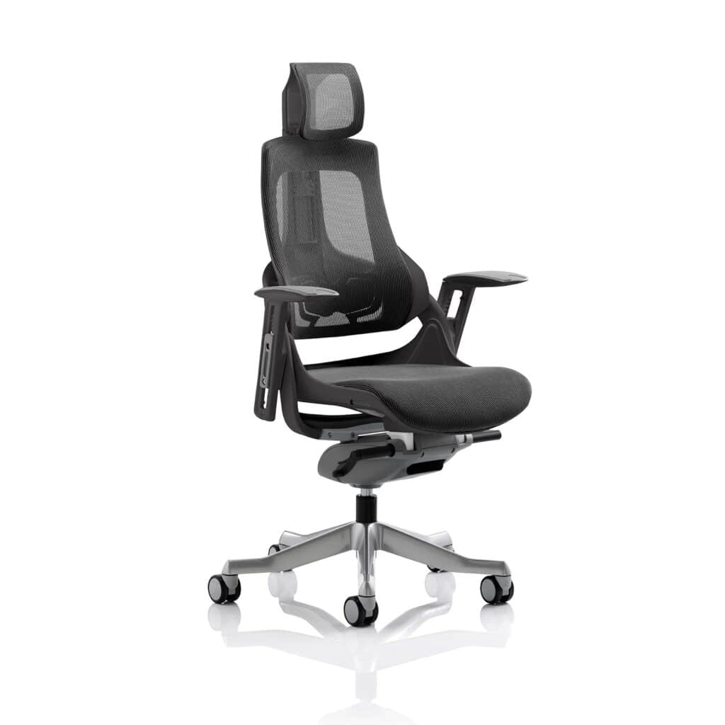 Zure High Back Black Shell Executive Office Chair with breathable mesh back, integrated headrest, and ergonomic arm support.