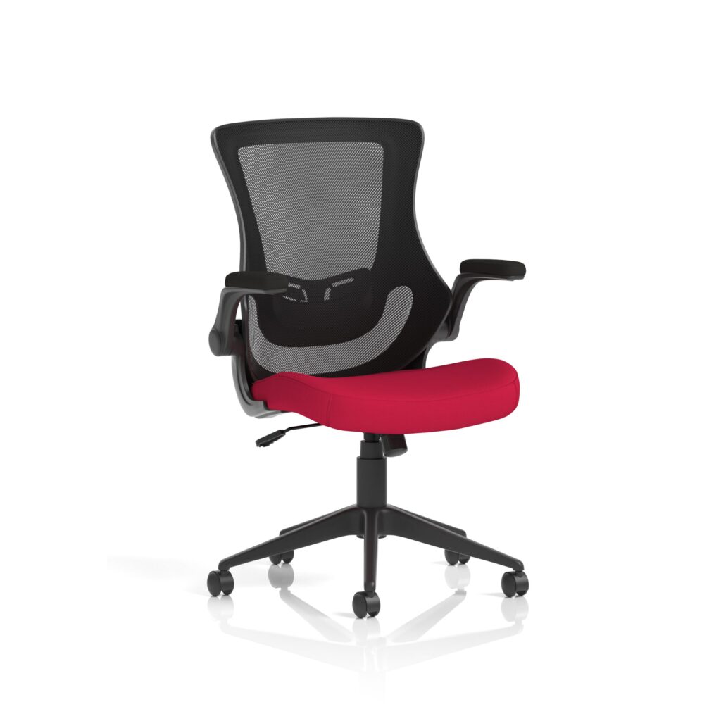 Orbit Black Mesh Back Chair with breathable mesh back, red seat, adjustable tilt, and armrests for ergonomic support.