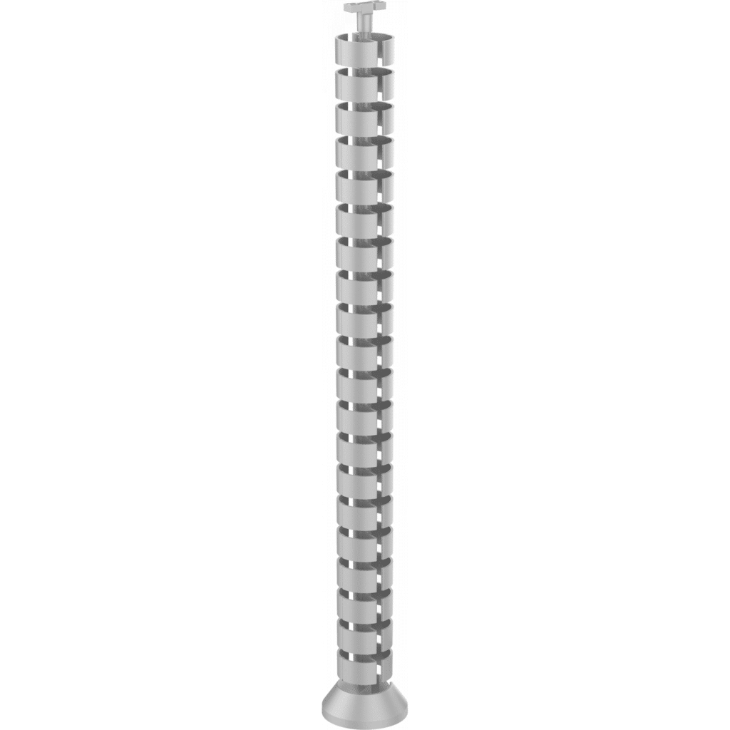 Cable management spine in silver with two compartments, built-in cable exit, and weighted base, 745mm in height.