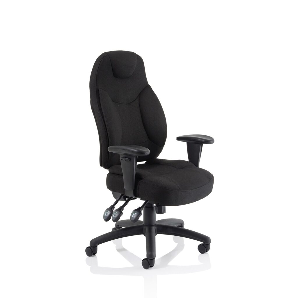 Galaxy Medium Back Task Operator Office Chair in black fabric with adjustable arms and rolling base for mobility.