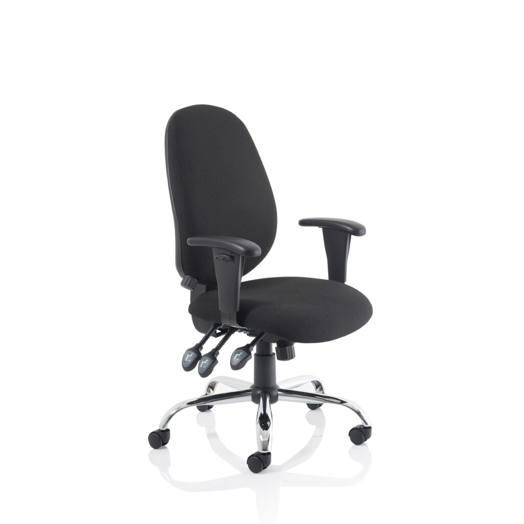 Lisbon Medium Back Task Operator Office Chair in black fabric with height-adjustable arms and chrome base.