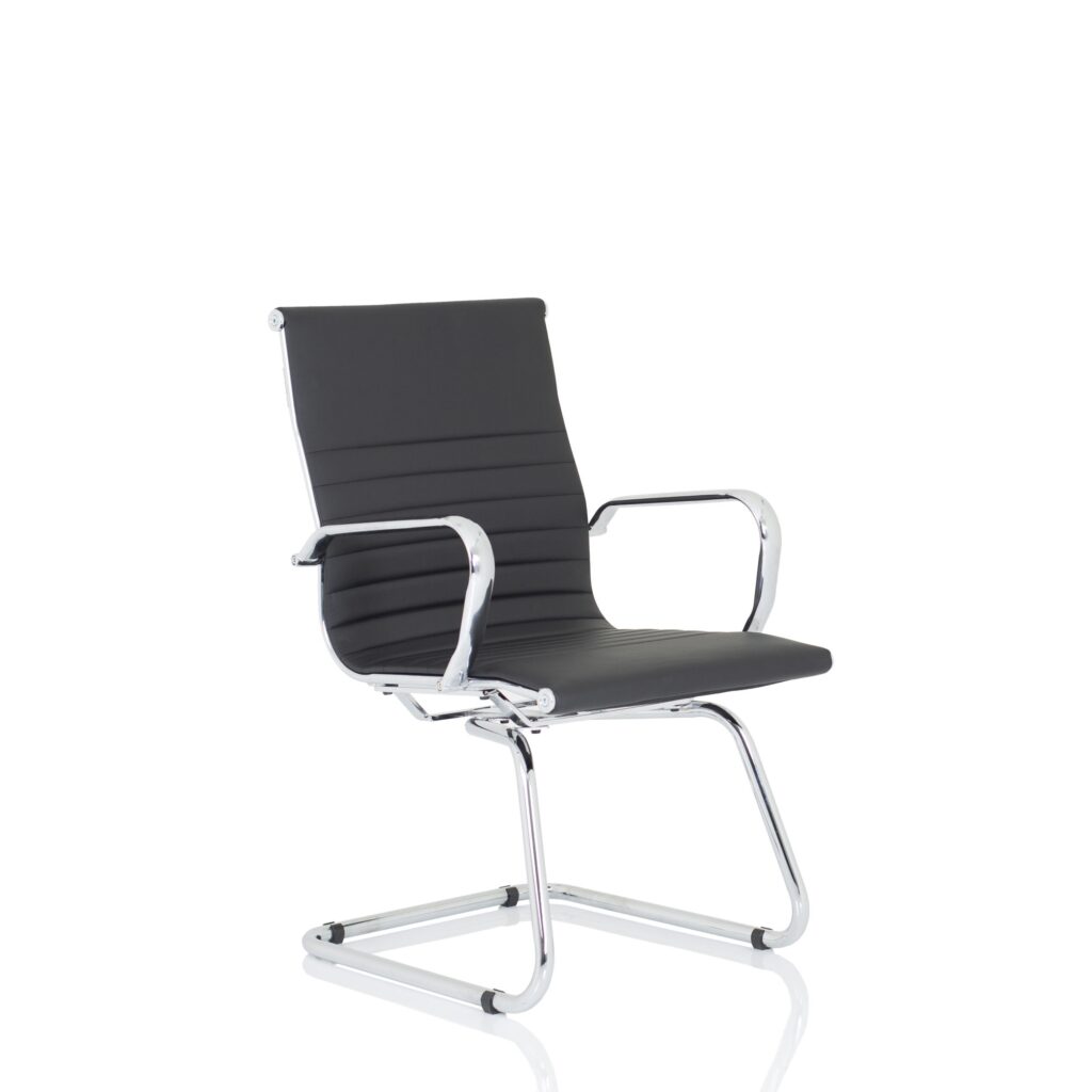 Nola Black Leather Cantilever Visitor Chair with Arms, polished chrome frame, comfortable design for meetings or receptions.